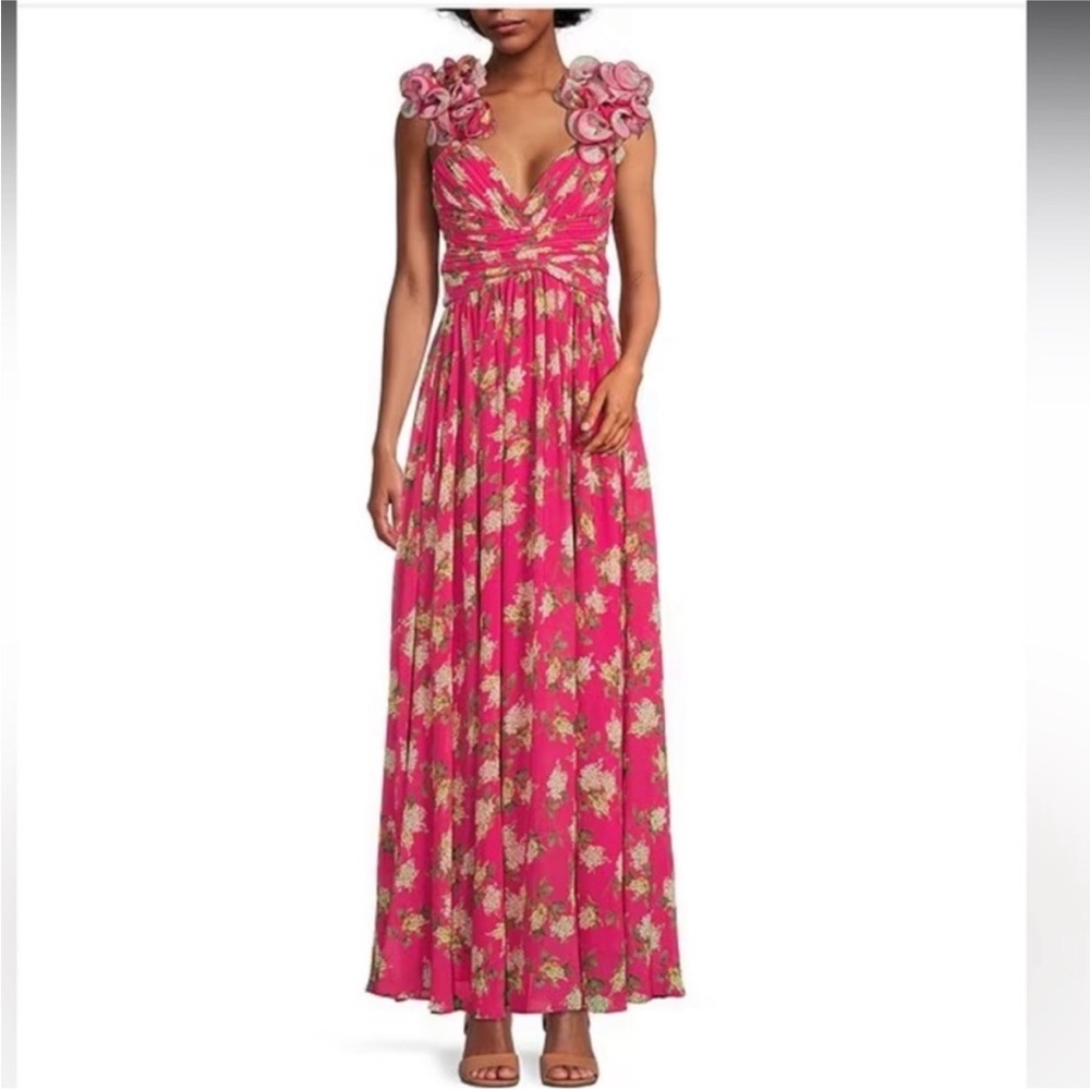 ANTONIO MELANI Fuchsia Floral Maxi Dress with 3D Shoulder Details